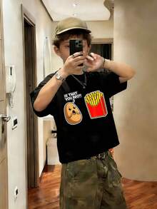 Boys & Teens' Casual Graphic Print Round Neck Short Sleeve T-Shirt, Summer Top - 黑色5 - 查看 2
