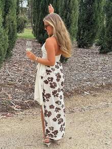 Summer Party Gown Attire Y2K Halter V Neck Floral Print And Chic Spaghetti Strap Long Dress - 米白色 - 查看 5