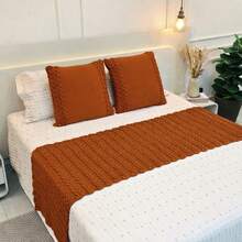 Knitted Blanket Footboard Kit For Queen King Sofa Bed Cozy Home Decor + 2 Cushion Covers - Golden Amber - View 1