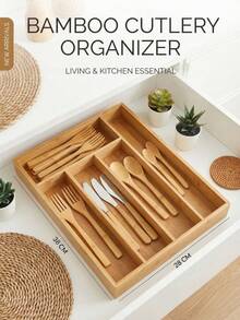 1pc Bamboo Drawer Organizer Box, Expandable Kitchen Utensil Storage Rack, Bamboo Wood Multi-Compartment Chopstick Spoon Fork Divider Box, Drawer Storage Rack, 4 Size Options, Desktop Kitchen Storage Box, Cutlery Organizer - View 1