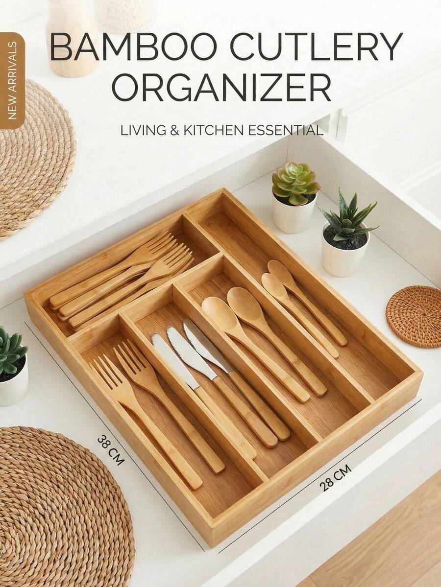 1pc Bamboo Drawer Organizer Box, Expandable Kitchen Utensil Storage Rack, Bamboo Wood Multi-Compartment Chopstick Spoon Fork Divider Box, Drawer Storage Rack, 4 Size Options, Desktop Kitchen Storage Box, Cutlery Organizer - View 1