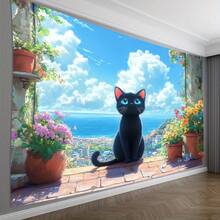 1 Stück 3D Optik Topfpflanze & schwarze Katze beobachtet den Meereshintergrund Dekoration, geeignet für Wohnzimmer, Schlafzimmer, Büro, Party, ein perfektes kreatives Geschenk - 7 - Übersicht 1
