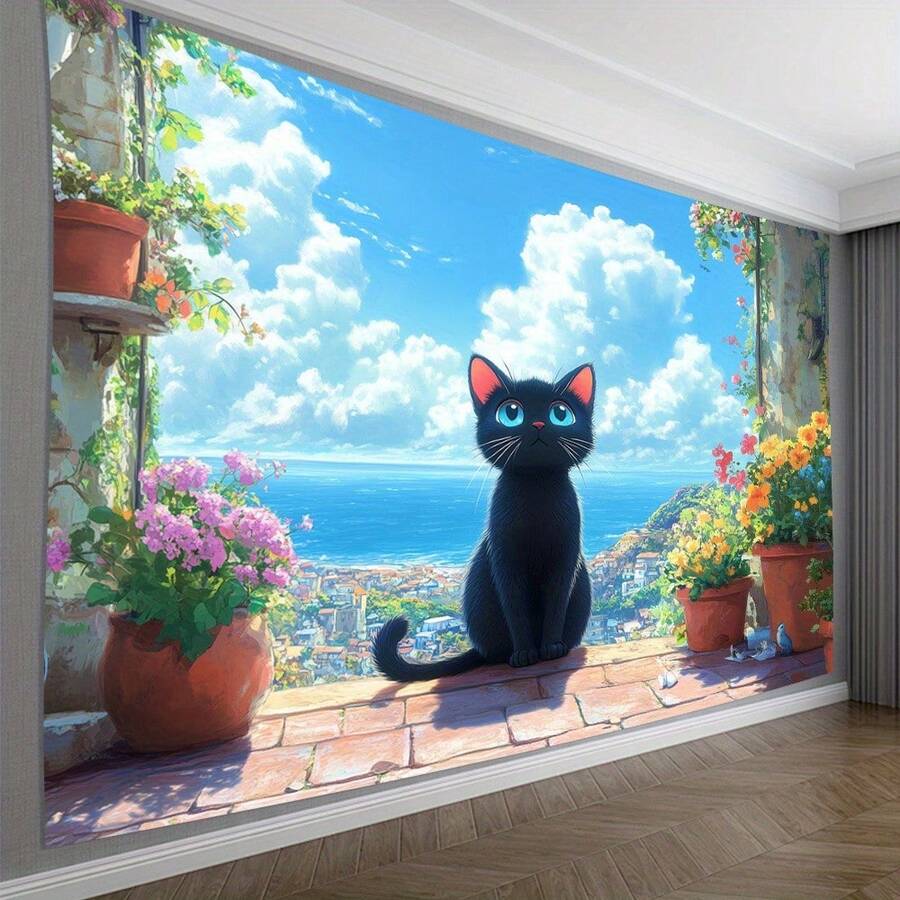 1 Stück 3D Optik Topfpflanze & schwarze Katze beobachtet den Meereshintergrund Dekoration, geeignet für Wohnzimmer, Schlafzimmer, Büro, Party, ein perfektes kreatives Geschenk - 7 - Übersicht 1