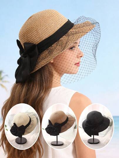 1pc Handwoven Straw Hat With Black Satin Ribbon And Mesh, Breathable Wide Brim, Suitable For Weddings And Garden Parties