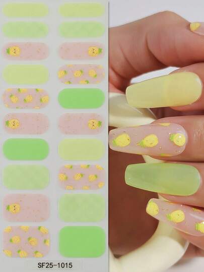 1 Sheet Fresh Pineapple Nail Art Stickers, Spring/Summer Style - Cute Yellow & Green Fruit Pattern With Glitter Decor | Full Set Nail Stickers, Waterproof & Durable, Suitable For Beach, Picnic And Daily Summer Manicure. Full Coverage Women Spring/Summer Nail Art Decoration