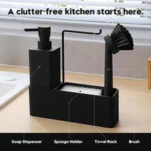 4-In-1 Kitchen Soap Dispenser Set - Soap Dispenser, Brush, Sponge Holder, Towel Rack (Striped Black) - 4-in-1 Black Stripes - View 4