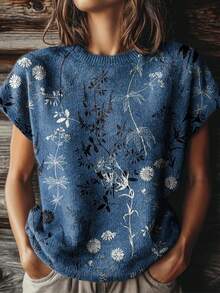 (Free Shipping)2026 New Arrival Women's Retro Colorblock Print Crew Neck Loose Knit Top;Summer Tops;Summer Outfits For Women;Summer Clothes - 混合色5 - 查看 2