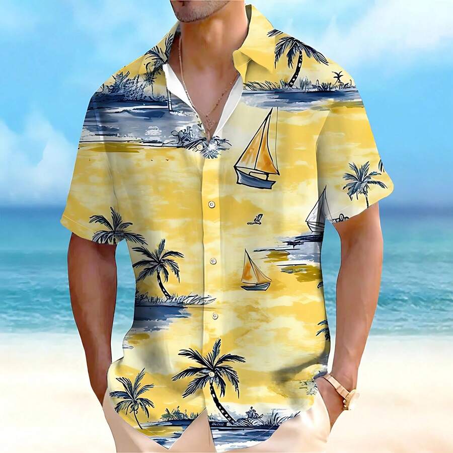 Palm Trees Swaying With Tropical Flowers Evoke A Carefree Island Spirit And Vibes 3D Print Hawaiian Beach Men Shirt Short Sleeve Casual Button Down Top - A508D-AL24072 - 查看 1