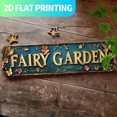 2D Flat, 1pc Vintage "Fairy Garden" Metal Sign - 39.88x9.91cm Iron Wall Decor With Floral And Butterfly Design, Pre-Drilled For Easy Hanging - Ideal For Home, Kitchen, Farmhouse, Porch, Gothic Wall Decor - Unique Gift For Friends And Family, Outdoor Decoration, Perfect For Room Decor