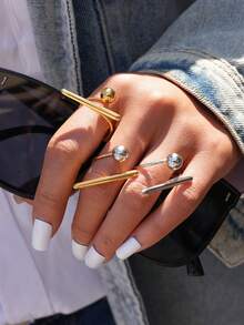 3pcs/1pc Set Stainless Steel Minimalist Bar & Ball Open Rings For Women – Two-Tone Gold & Silver Stackable Rings, Adjustable Wrap Design, Waterproof Hypoallergenic Jewelry, Perfect For Casual Daily Wear, Street Style, Party & Gift For Her - Multicolor - View 8