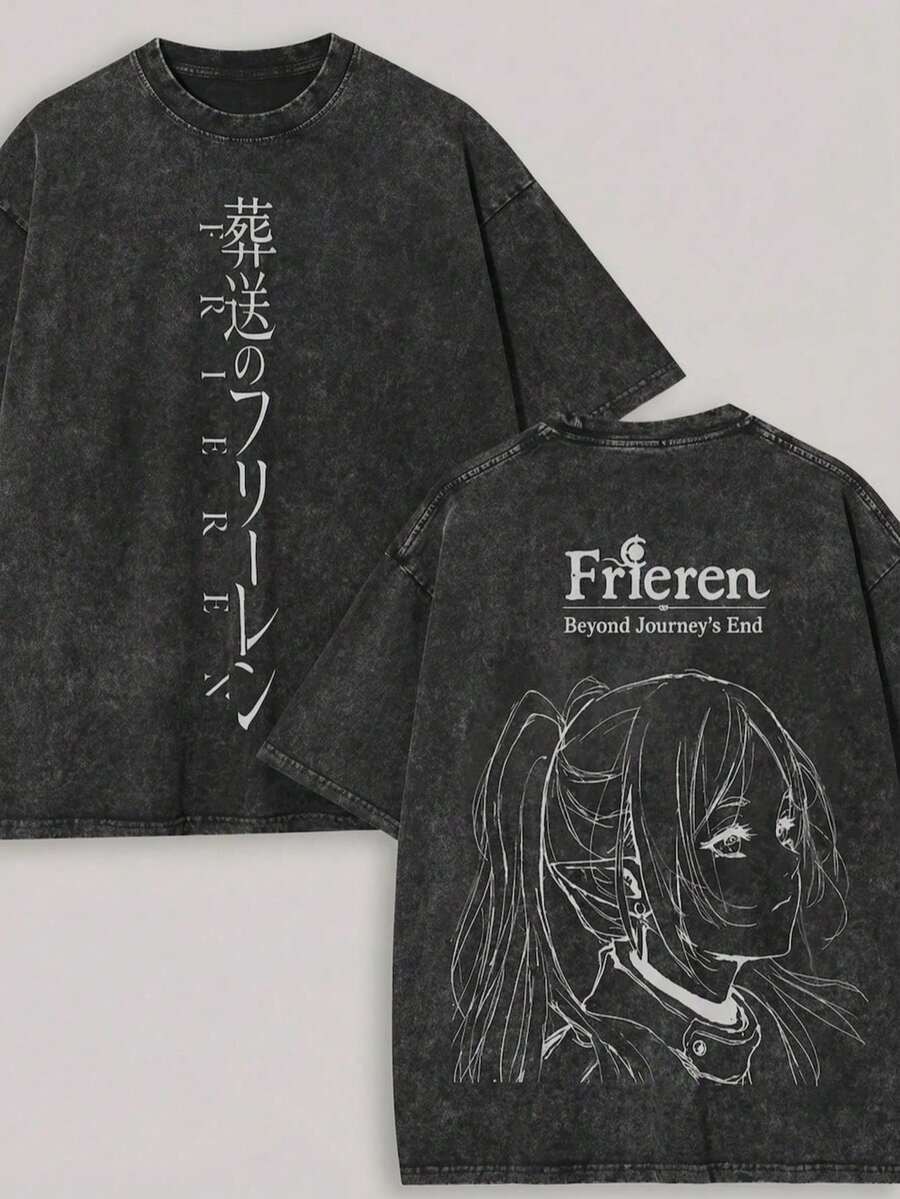 Plus Size Anime Oversize Washed T-Shirt, Frieren Anime T-Shirt, Vintage Wash Graphic Tee, Manga Streetwear,Retro And Vintage Style, Gift For Him,Gift For Her,230g 100 Cotton,Mens T Shirt - 黑色 - 查看 1