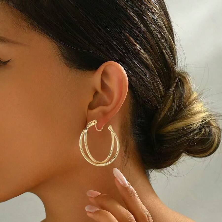 2只夸张双层可旋转大号耳环，简约金属夹式耳环，适合无耳洞人士佩戴 - clip - 查看 1