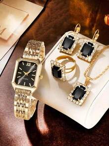 5pcs Women's Quartz Watch Necklace Earrings Ring Jewelry Set Elegant And Gorgeous Rhinestone Minimalist Retro Square Dial For Daily Wear Party Decoration Or Valentine's Day Mother's Day Various Festival Gifts For Friends And Mothers - Gold - View 1