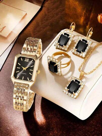 5件套女士石英手表项链耳环戒指首饰套装，优雅华丽，镶嵌水钻，简约复古方形表盘，适合日常佩戴、派对装饰或情人节、母亲节等各种节日，是送给朋友和母亲的理想礼物。
