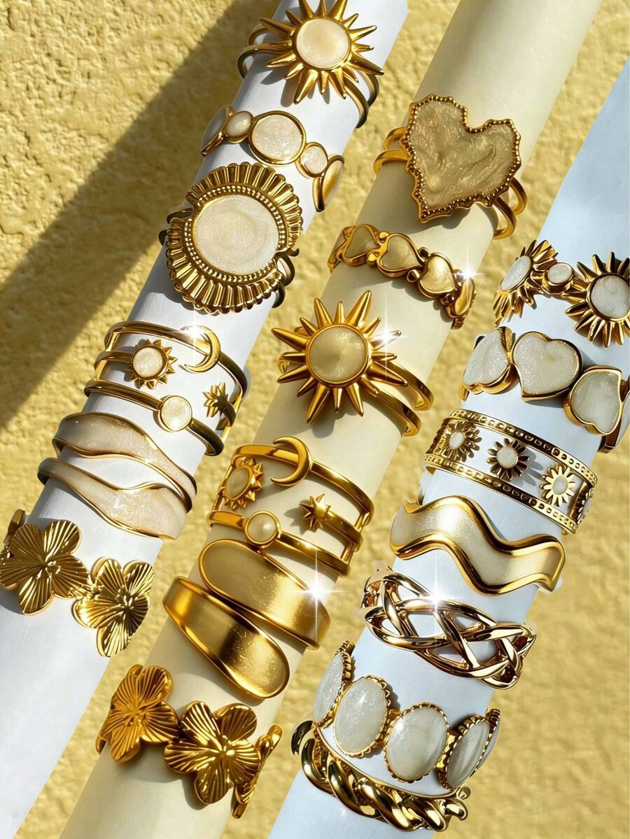 43/37/31/25/19/12/6pcs Set Random Vintage Bohemian Style Fashion Minimalist Elegant Geometric Design Stackable Rings Set, Includes Flower, Bow, Heart, Star, Moon, Sun, Water Drop, Geometric Textured Rings, Suitable For Festivals, Parties, Dates, Gifts, Daily Wear - Multicolor - View 1