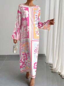 1pc Women's Luxury Round Neck Flounce Sleeve Loose Casual Lightweight Breathable Everyday Robe, Vacation Style, Elegant Evening Gown, Traditional Arabic Festival Dress - Pink - View 5