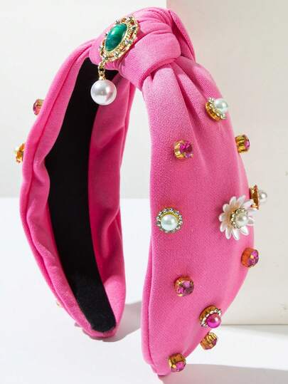 1pc Fashion New Solid Color Pearl Inlaid Floral Wide Knotted Headband, Suitable For Women To Wear On Dates