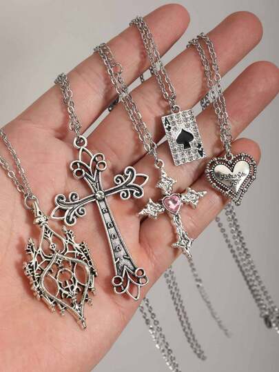 Set de 5 collares con colgante de cruz, corazón y pica estilo gótico para mujeres