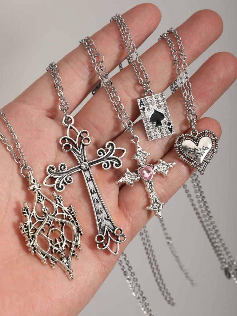 Set de 5 collares con colgante de cruz, corazón y pica estilo gótico para mujeres - Plateado - Ver 1