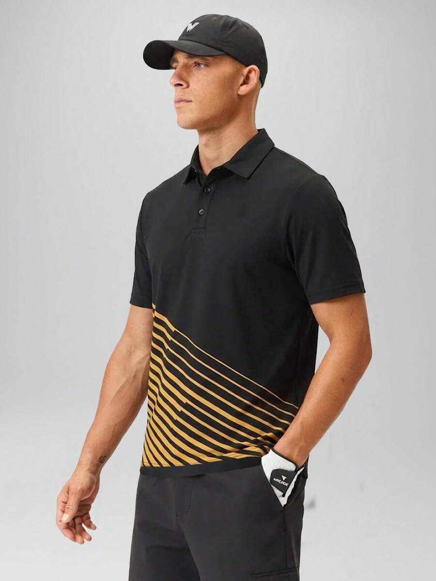 CZRLHYT 男士夏季条纹印花短袖Polo衫，通勤休闲，适合户外活动，夏季Polo衫，户外高尔夫Polo衫，送给男友或丈夫的绝佳礼物 - 黑色 - 查看 1