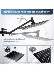 Matte Black/Published Sliver Shower Head Combo,8/10/12" Rain Square Shower Head  With 9 Inch Adjustable Extension Arm And 3 Settings Handheld Spray,150cm Long Hose,Wall-Mounted,Adjustable Height , Home Bathroom Decor ,Shower Accessories - 折疊臂 - 查看 4