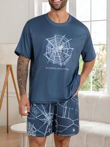 Plus Size Men's Casual Sleepwear Set, Round Neck Short Sleeve Top And Shorts, Lightweight And Comfortable Summer Loungewear - Multicolor - View 2