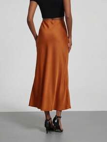 Rok Maxi Satin Pinggang Elastis Se-Helo untuk Wanita, Cocok untuk Semua Musim Semi - Oranye - View 8
