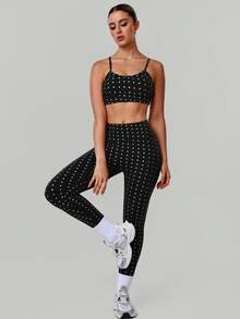2 PCS CO Ord Sportswear Set Women's Polka Dot Print Adjustable Cross Straps Backless Sports Bra And High Waist Hip Lifting Sports Yoga Leggings - Black - View 7