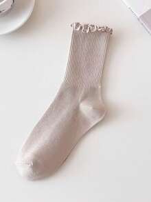 6 Pairs Women's Solid Color Mid-Calf Socks With Ruffle Trim, Soft Stacked Ribbed Texture, 6 Neutral Tones, Suitable For Casual And Formal Outfits, Comfortable Daily Wear, Cute Design, Elegant Socks - Multicolor - View 9