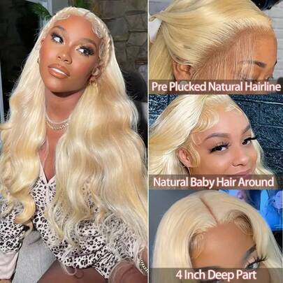 200% Density 28 Inch Body Wave Human Frontal Hair Wig 13x4 HD SKINLIKE Lace Front Natural Hairline Wig Pre-Plucked Bleached Knots 613# Blonde Color Adjustable Part Blended Hair Wigs For Wome