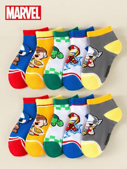 Marvel 1/5/10 Pairs Themed Children Socks, With Superhero Patterns, Suitable For Casual Daily Wear, Breathable & Soft, Fit For Girls, Boys, Toddlers, Everyday Wear/Party Gifts/Easter/Spring & Summer