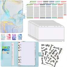 A6活页信封式省钱挑战活页夹，大理石纹PU皮革笔记本，6孔现金预算计划本，皮革现金信封，带拉链信封的省钱挑战活页夹 - A6 - 查看 8