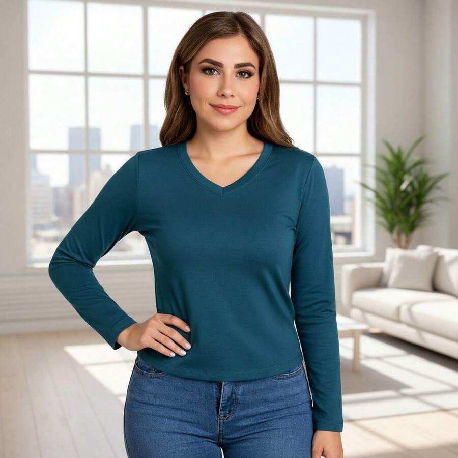 Women's Basic V-Neck Long Sleeve Blouse - 水鴨藍 - 查看 1
