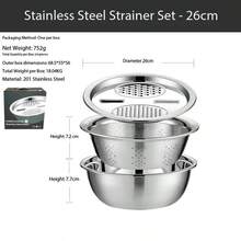 Bộ bát trộn đa năng 3 trong 1 bằng thép không gỉ, bao gồm dụng cụ bào, thái rau củ, rổ lọc và tô trộn, dụng cụ nhà bếp tiết kiệm không gian dùng để làm salad, sơ chế rau củ, rửa và làm ráo nước. - S - Xem 13