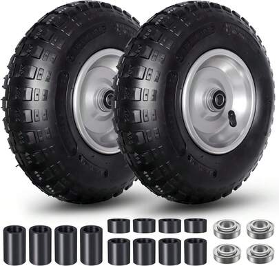 4.00-6 Pneumatic Tire And Wheel, 13 Inch Wheelbarrow Tires 5/8" Bearings Or Extra 3/4" Bearings Replacement For Wheel Barrow, Hand Truck, Garden Carts, Includes Adapter Kit (2Pack)