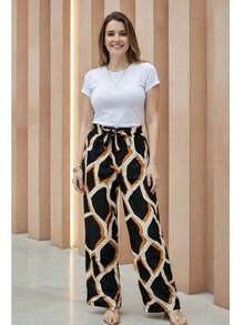 Printed Wide-Leg Pants In Viscose Linen, High Waist, With Pockets, Lining And Tie Detail. - Pantalones de pierna ancha con estampado de rombos negros - Ver 1