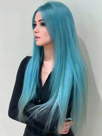 28 Inch Mint Blue Straight Wig With Middle Part, Heat Resistant Synthetic Hair, Natural Feel, Suitable For Daily Wear And Parties