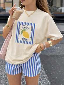 Dolce Vita Women's Lemon Oversized T-Shirt, Premium Cotton, Summer Fashion, Casual, - 米色 - 查看 1