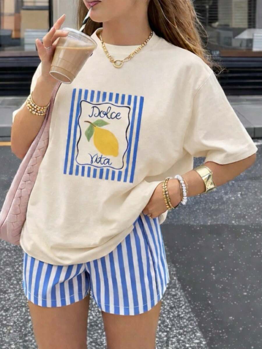 Dolce Vita Women's Lemon Oversized T-Shirt, Premium Cotton, Summer Fashion, Casual, - 米色 - 查看 1