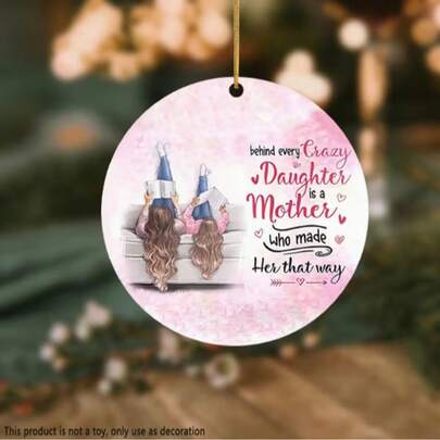 Pink Mother & Daughter Silhouette Round Pendant, Mother's Day Commemorative Decor, Cross-Border Hot-Selling Home Hanging Ornament, Mother-Daughter Reading Ceramic Hanging Decor, Funny English Slogan Round Pendant, Mother's Day Home Decor Hanging Accessory
