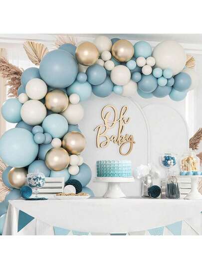 134件套灰蓝气球拱门套装，包含灰色、蓝色、沙色、金色金属气球，适用于婚礼、性别揭晓派对、迎婴派对、生日派对装饰。