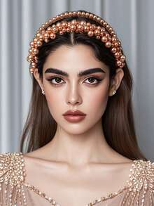 1pc Elegant Champagne Pearl Headband, Fashion Double-Row Princess Style Wide-Brim Headpiece, Suitable For Bride, Wedding, Engagement, Holiday Party, Daily Casual Wear - Champagne - View 5