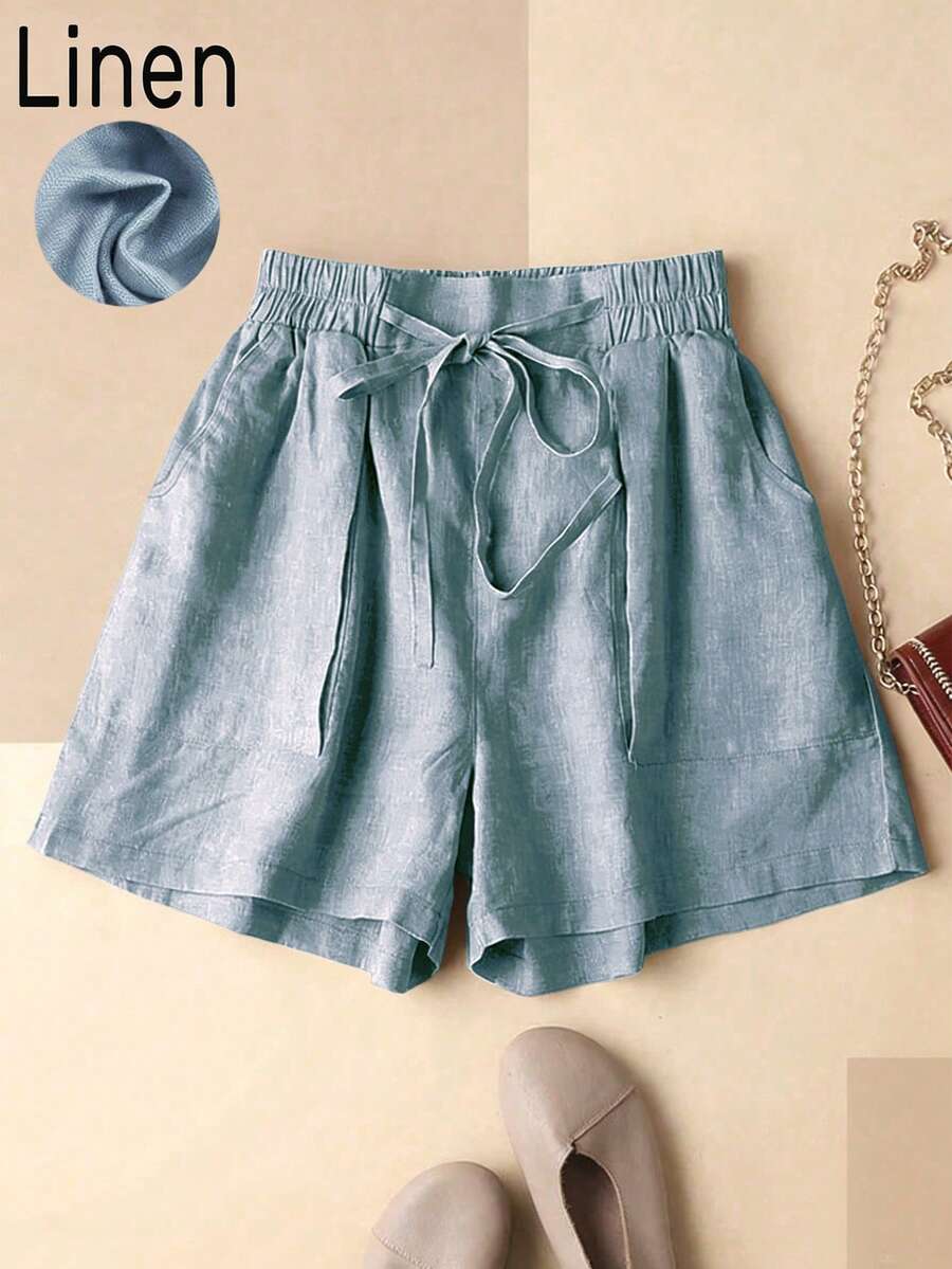 Women's Casual Linen Elastic Waist Pocket Shorts, Suitable For Spring And Summer Vacation - Baby Blue - View 1