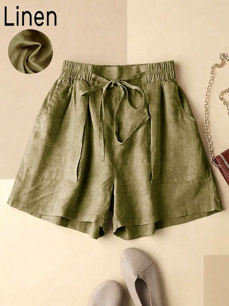 Celana Pendek Linen Kasual Wanita dengan Pinggang Elastis dan Saku, Cocok untuk Liburan Musim Semi dan Musim Panas - Hijau Tentara - View 1