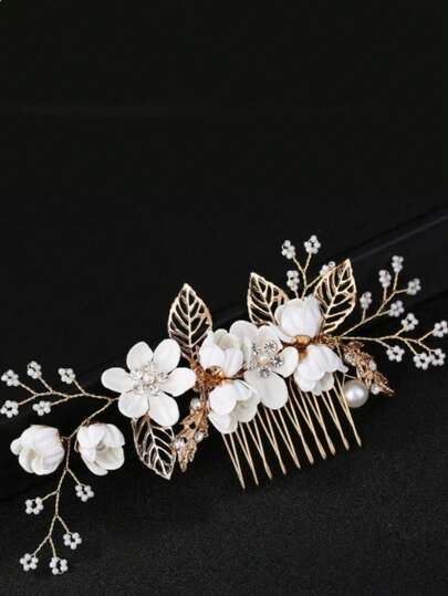 1 chiếc lược cài tóc thủ công bằng chỉ vàng đính hoa trắng và ngọc trai, thích hợp cho nữ, mùa hè, đi biển, đám cưới.