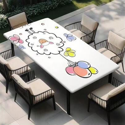 1pc Outdoor Elastic Tablecloth - Stretchy Design, Balloon & Sheep Pattern Tablecloth, Suitable For Camping, Picnics And Garden Parties, Vibrant Colors, Outdoor Table Cover, Picnic Accessory, Essential Outdoor Decor