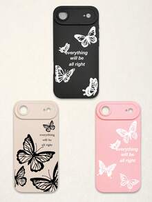 Funda de teléfono suave con protección de lente, 3 piezas con estampado de mariposa y letra, mariposa + estampado de eslogan "Todo estará bien", compatible con iPhone y Galaxy - Multicolor - Ver 16