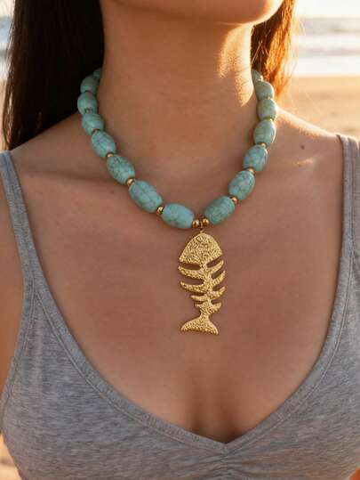 1 pieza Collar con colgante de hueso de pescado con imitación de turquesa, estrella de mar y pez, de estilo bohemio-chic verde, con incrustaciones de cobre y circonita, perfecto para vacaciones en la playa, fiestas en la playa y salidas. Joyería de vacaciones con tema oceánico para mujeres; un gran regalo de joyería de turquesa para amigas, hermanas o madres, especialmente para el Día de la Madre.