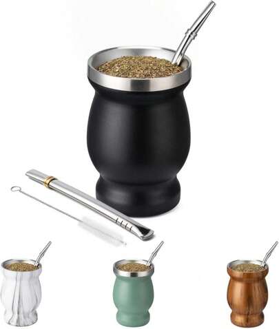 Husfunov 8oz Yerba Mate Cup, 304 Stainless Steel Double-Wall Mate Cup, Heat Insulation Yerba Mate Gourd, Tea Cup Set Includes Cleaning Brush &Amp; 2 Bombillas (Black)