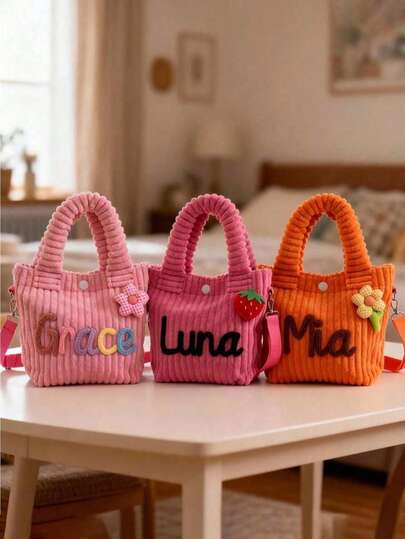 1pc Customizable Name Light Corduroy Children's Sling Bag, Personalized Toddler Crossbody Bag With Cute Pendant, Preschool Travel Bag, Small Corduroy Handbag Suitable For School, Daycare, Dance, Birthday Gift, Vacation, Adorable Kids Everyday Accessory, Flower Girl Gift, Preschool And Birthday Present